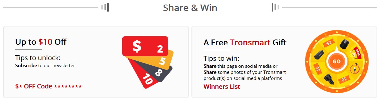 10% off for the selected Tronsmart products on the Tronsmart T6 Max Activity Page