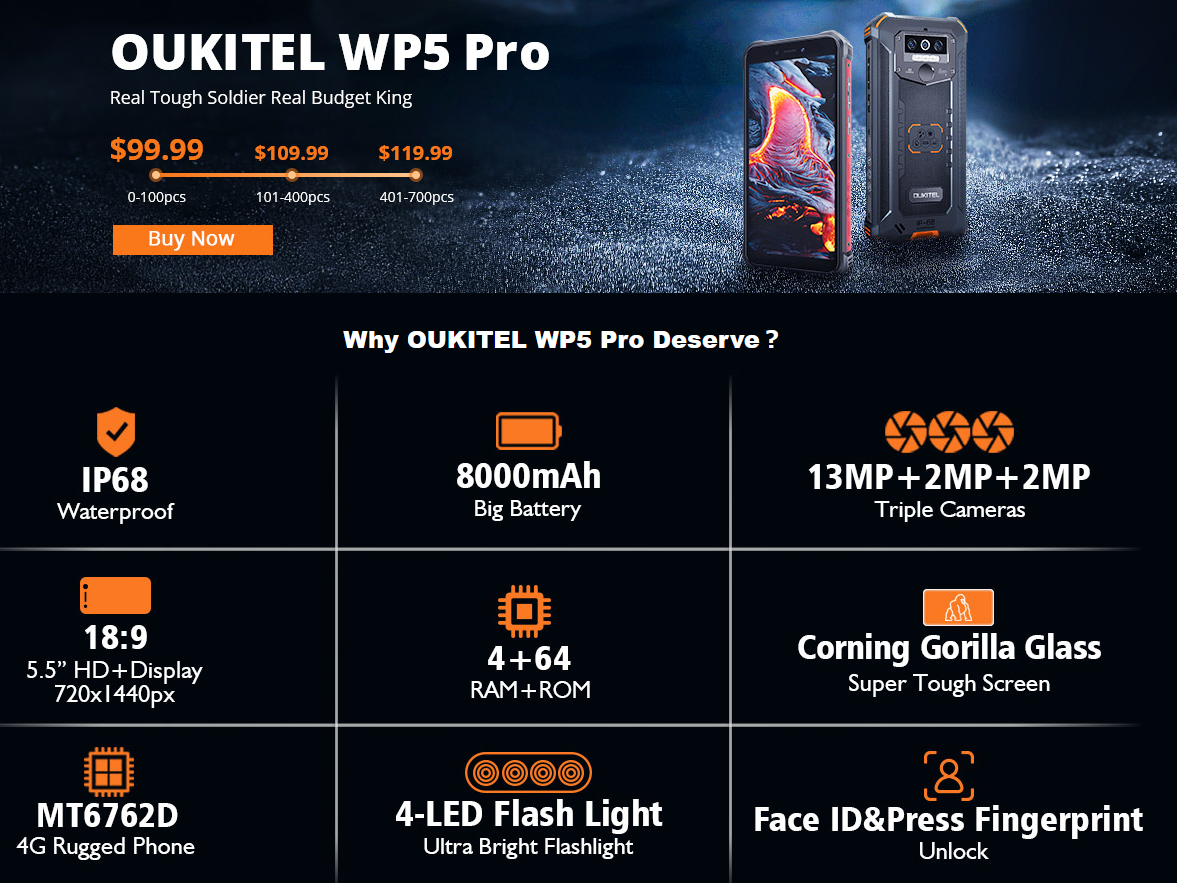 頑丈IP68防水 OUKITEL WP5 Pro 100大限定 99.99ドル セール